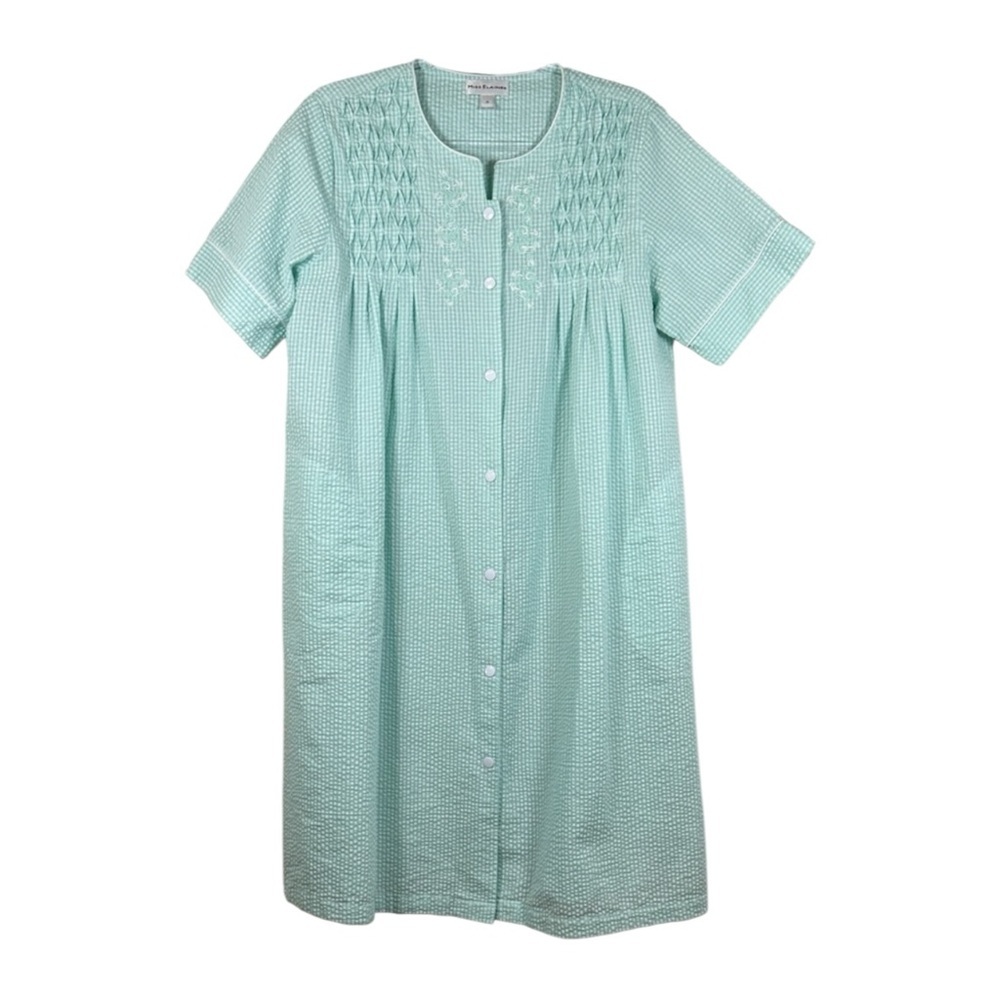 Miss Elaine Seersucker Blue Gingham Short Sleeve Snap Front Robe Size M